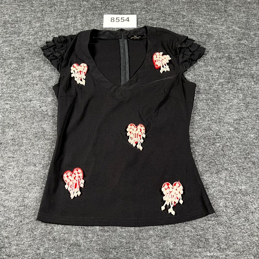 M‎ Collection Blouse Top Women Small Black Nylon Beaded Red Hearts Ruffle Sleeve
